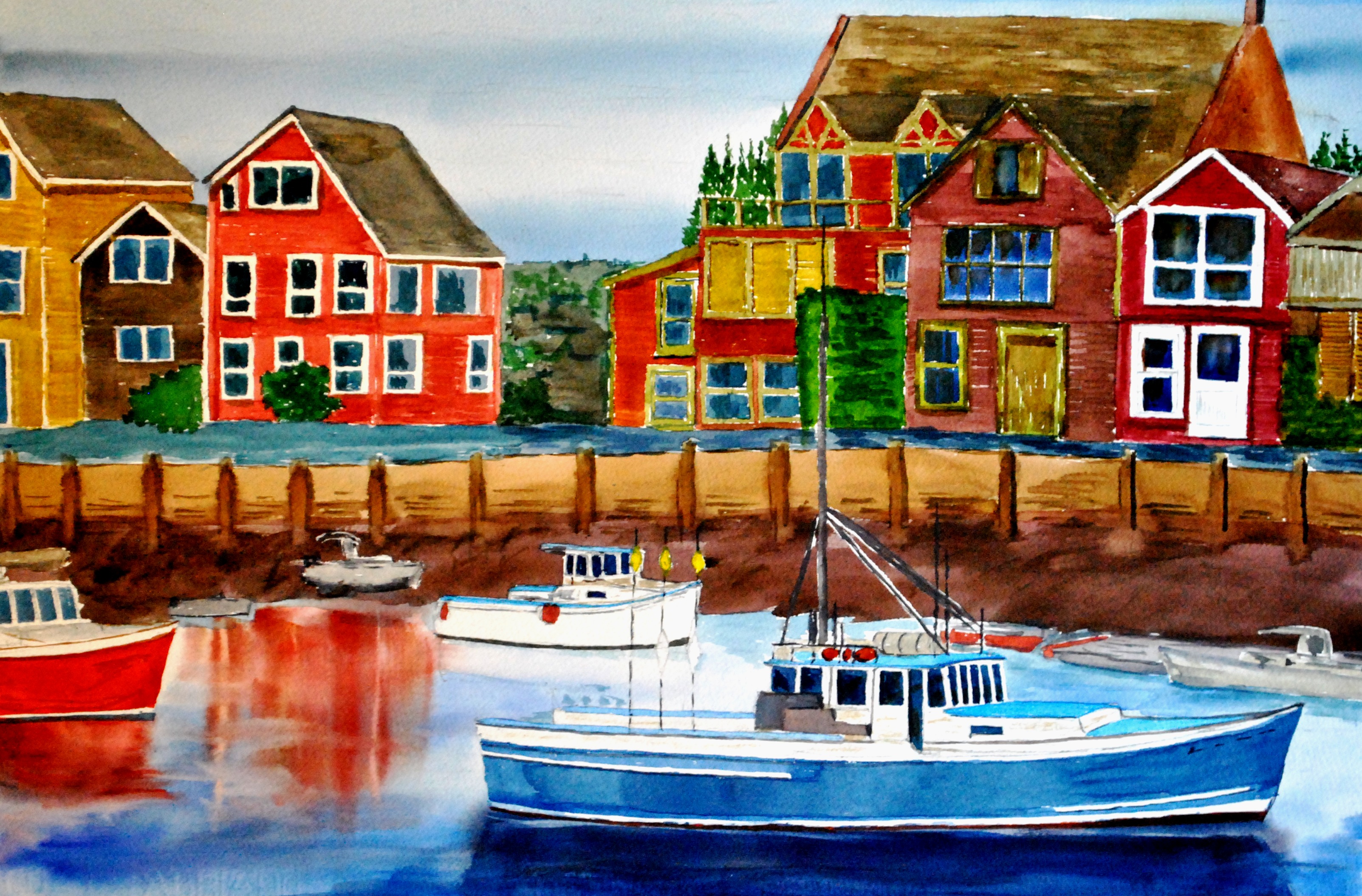 Watercolor of colorful red and orange harbor buildings with fishing boats docked in Boston Harbor